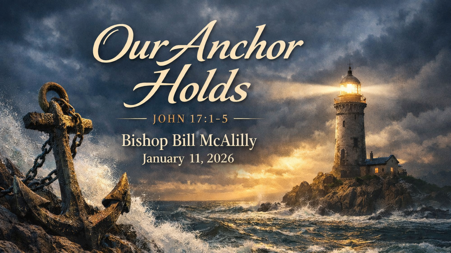 A wide landscape image shows a parent and a young child walking away from the viewer along the shoulder of a quiet paved road at dawn. The parent wears a jacket and backpack and carries a duffel bag in one hand while holding the child’s hand with the other. The child wears a coat and hat and walks close beside the adult. The sky is overcast with soft early-morning light near the horizon, and the road stretches forward into the distance. Sparse trees, utility poles, and faint lights appear along the roadside, suggesting an isolated or rural area. The figures are centered in the image, emphasizing movement and companionship. Overlaid text reads, “God With Us in the Hard Places, Matthew 2:13–23, Rev. Cheryl Farr, December 28, 2025.”